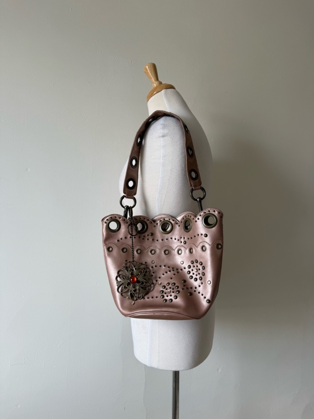 Nine West Studded Boho Shoulder Bag Pink Taupe Grommet Detail
